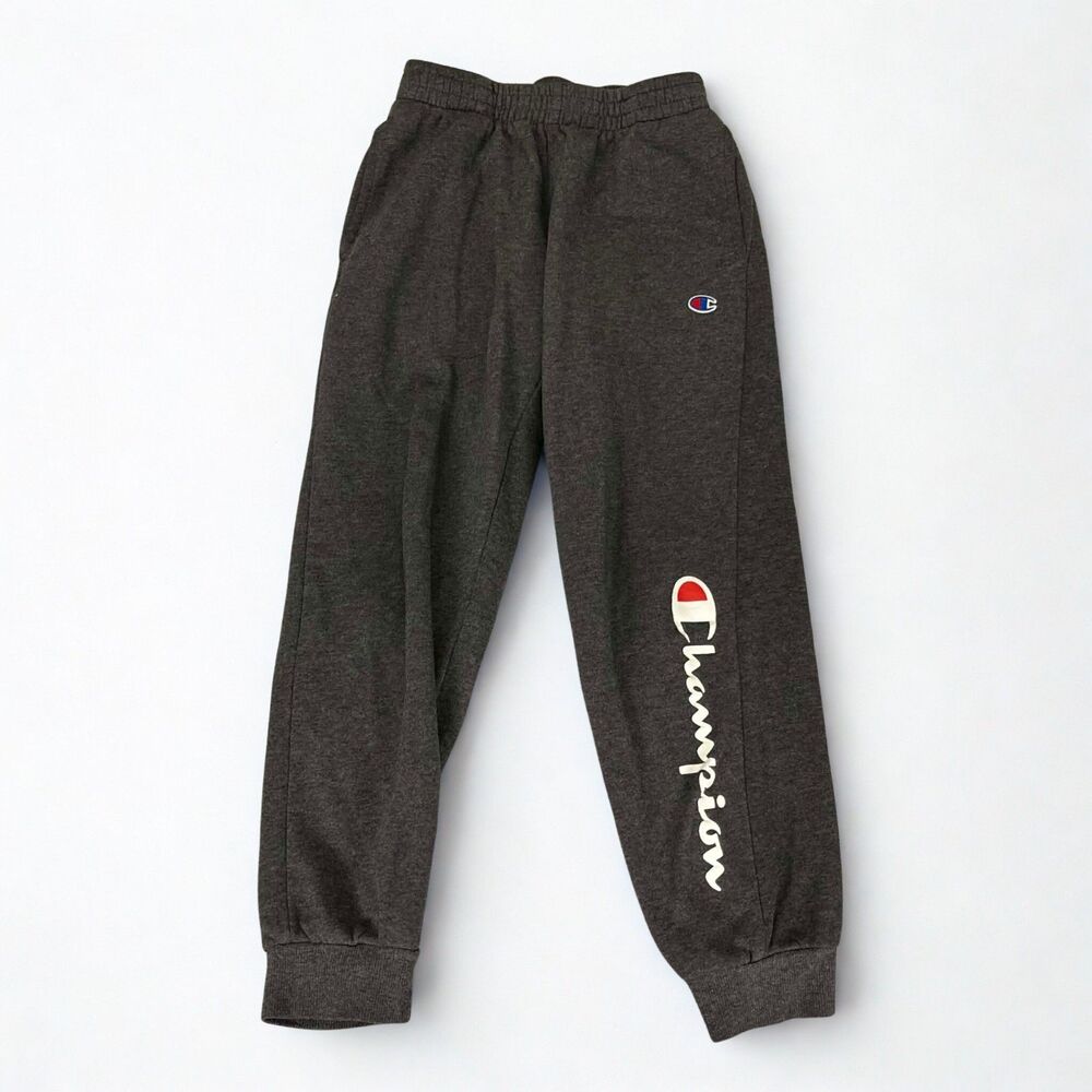 Champion Joggers Boys M Gray Fleece Sweatpants Cuffed Logo Athletic Casual Pants